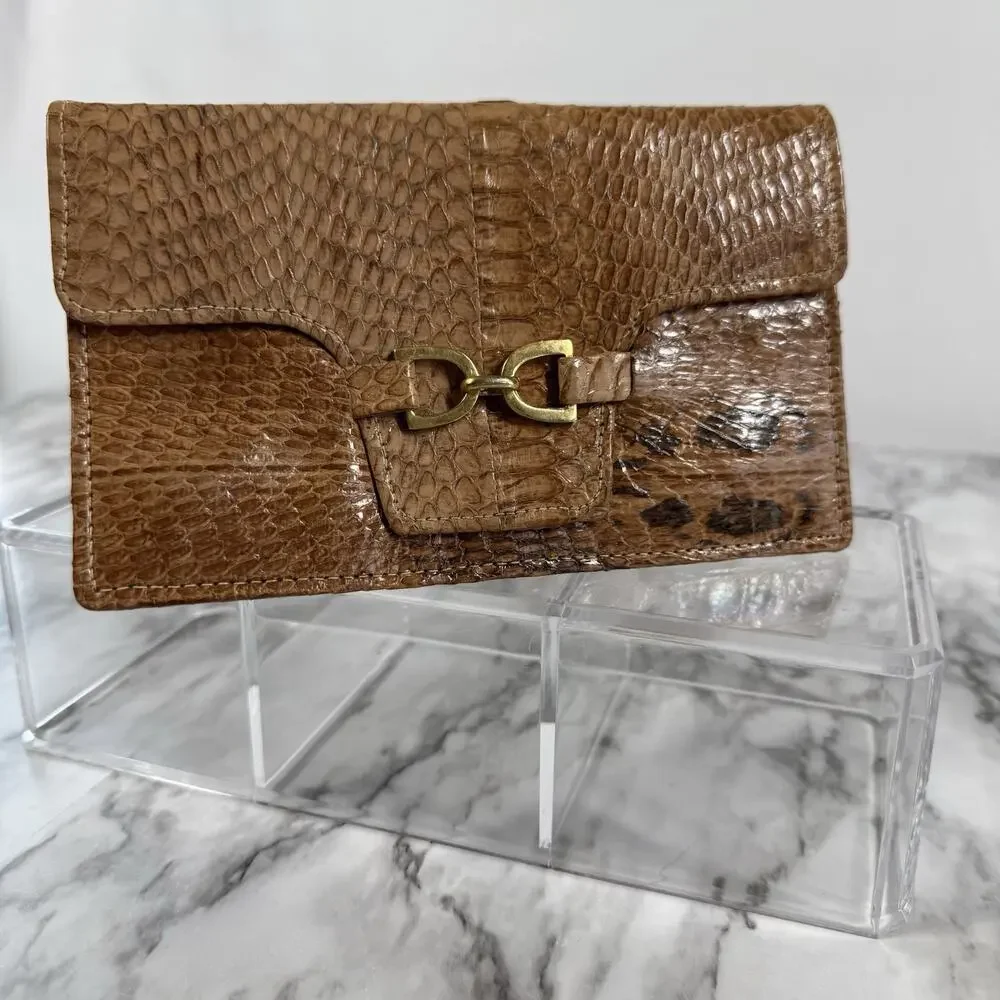 Vintage 60s Python Snakeskin Wallet Brown Leather Bi Fold Folio Style Gold Tone